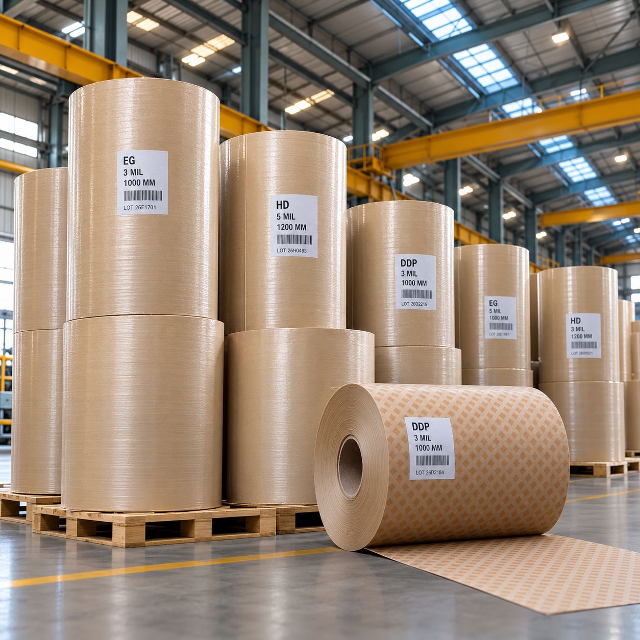 Reels of insulation kraft paper stacked on pallets in a warehouse, each labelled with grade, thickness and width; a reel of diamond dotted paper in front is partly unrolled across the floor.
